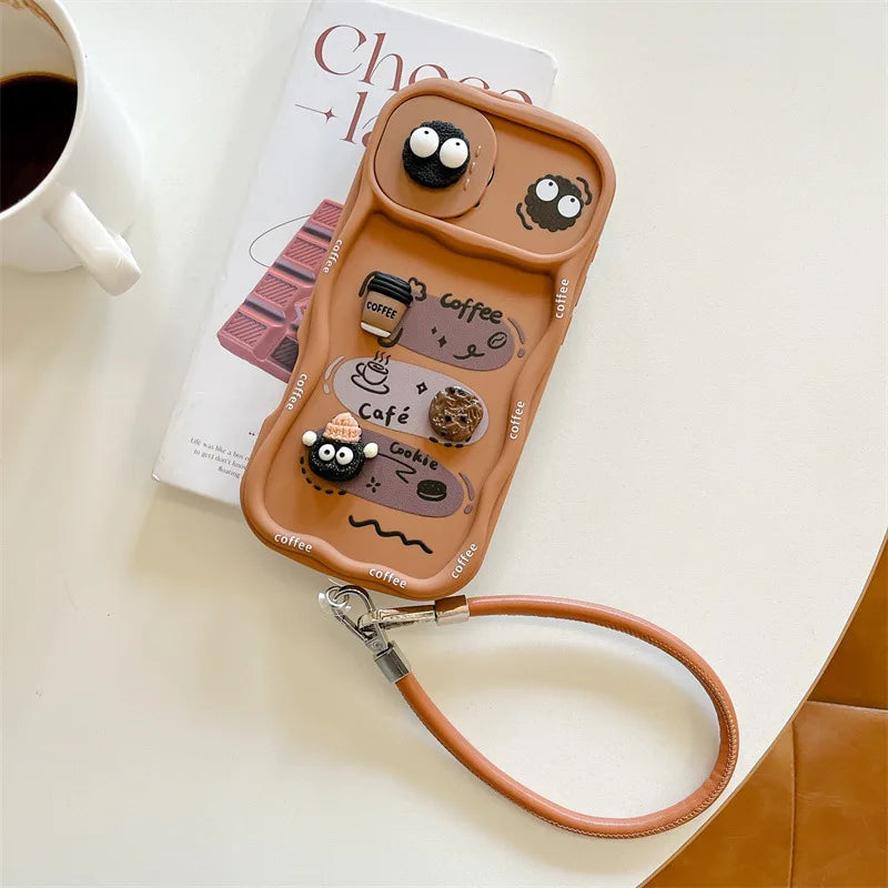 3D Cartoon Coffee With Wrist Strap Phone Case For iPhone