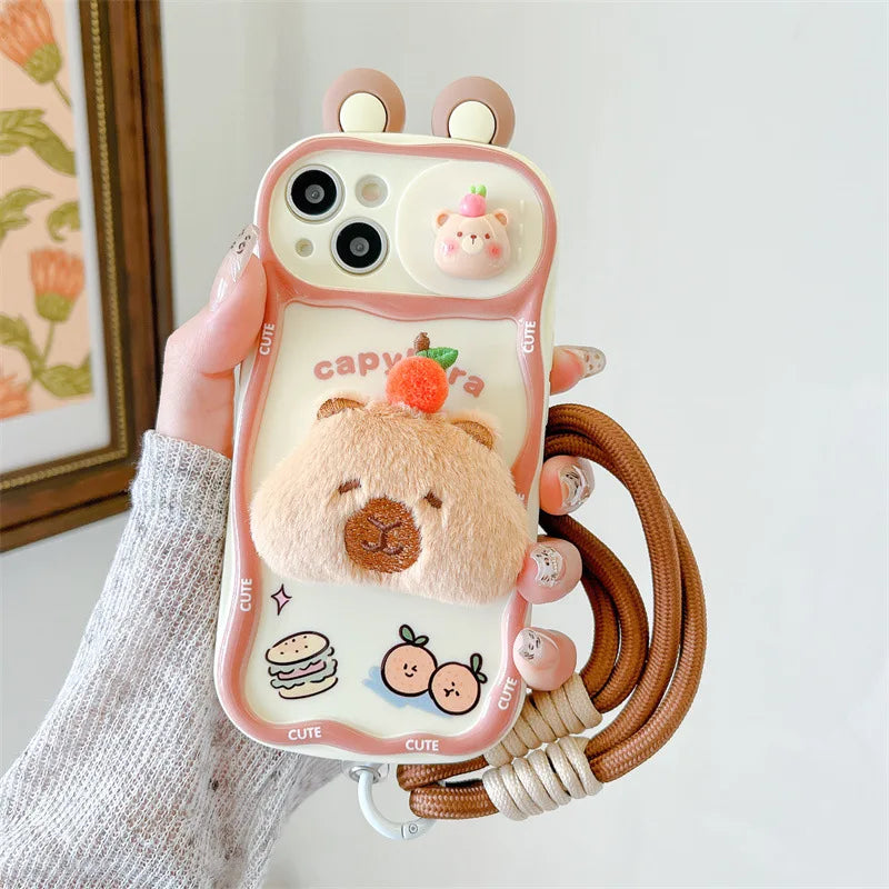 3D Cartoon Kapibala Sliding Push-Pull Camera Phone Case for iPhone