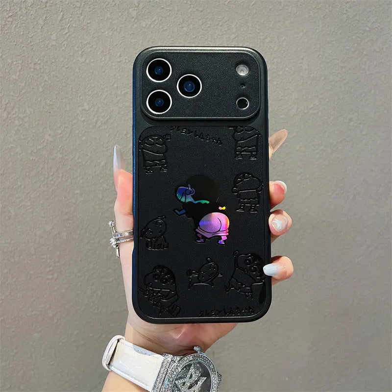 Anime Cartoon Crayon Shin-chan Butt Emboss Leather Texture Laser Phone Case For iPhone