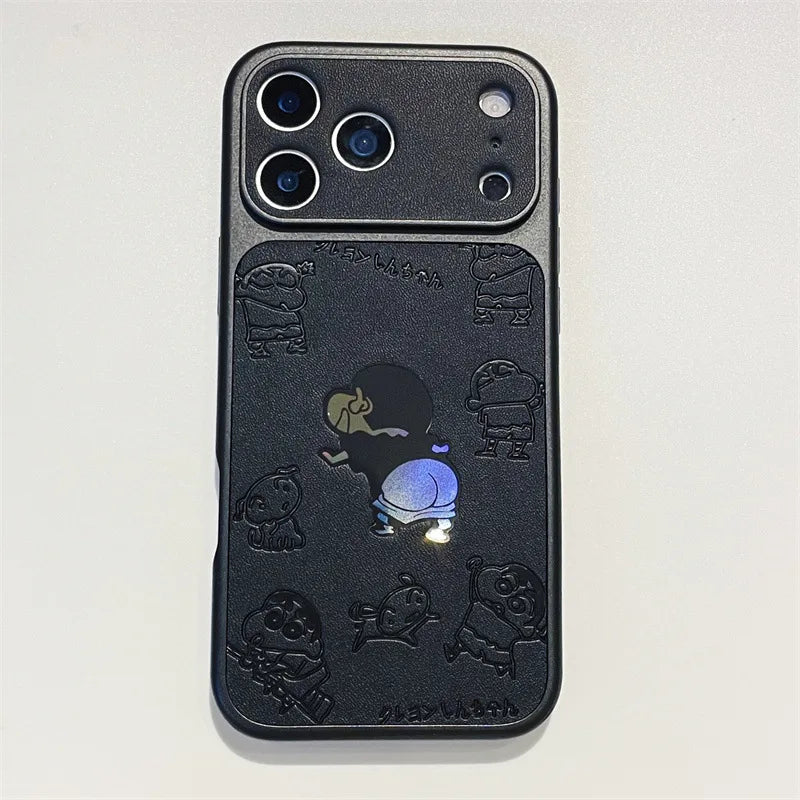 Anime Cartoon Crayon Shin-chan Butt Emboss Leather Texture Laser Phone Case For iPhone