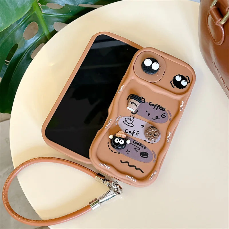 3D Cartoon Coffee With Wrist Strap Phone Case For iPhone