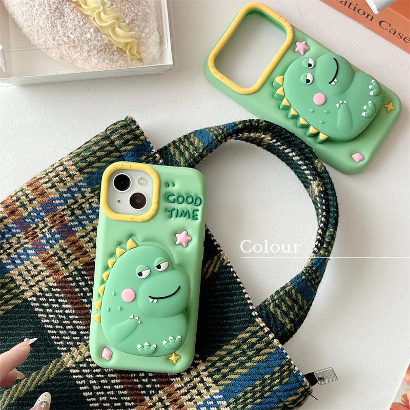 3D Cartoon Dinosaur Telescopic Bracket Soft Silicone Phone Case For iPhone