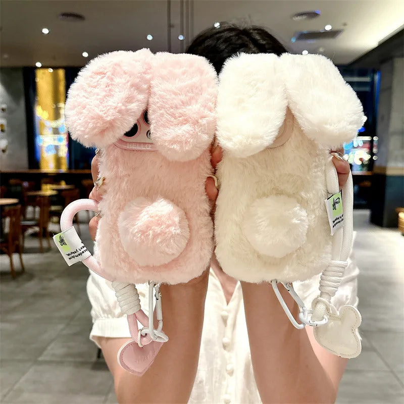 3D Cute Cartoon Rabbit Ears Warm Furry Plush Bunny Phone Case With Lanyard For iPhone