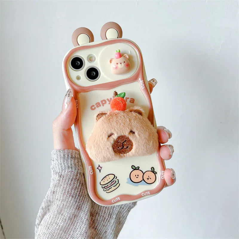 3D Cartoon Kapibala Sliding Push-Pull Camera Phone Case for iPhone